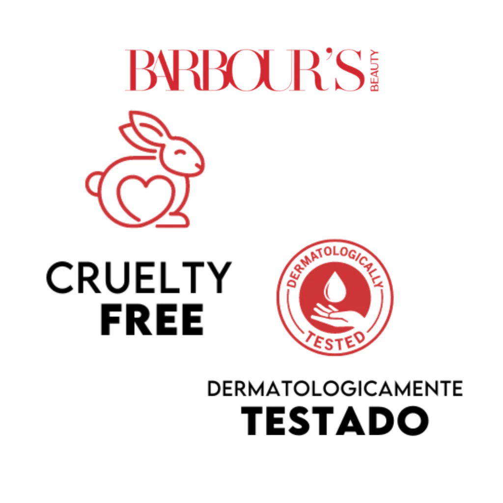 Especificações técnicas e selos de qualidade da Barbour's Beauty presentes nas embalagens de 200ml.